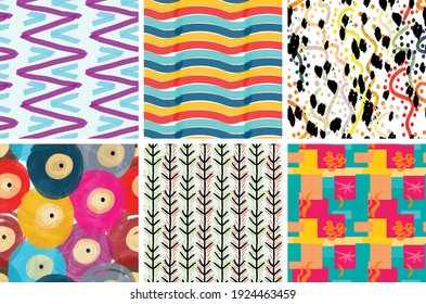 Seamless pattern set with rough brush strokes. Bright artistic paint texture. Marker and ink blobs background. Kids drawing childish style art. Abstract universal wallpaper or packaging design.