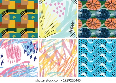 Seamless pattern set with rough brush strokes. Bright artistic paint texture. Marker and ink blobs background. Kids drawing childish style art. Abstract universal wallpaper or packaging design.