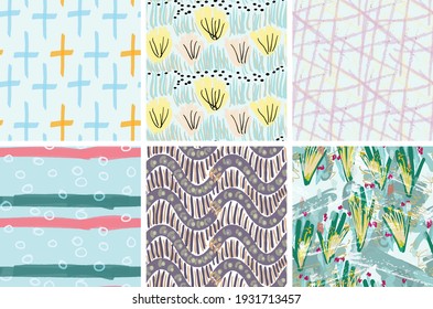 Seamless pattern set with rough brush strokes. Bright artistic paint texture. Marker and ink blobs background. Kids drawing childish style art. Abstract universal wallpaper or packaging design.