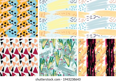 Seamless pattern set with rough brush strokes. Bright artistic paint texture. Marker and ink blobs background. Kids drawing childish style art. Abstract universal wallpaper or packaging design.