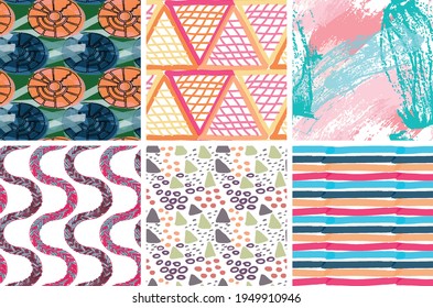 Seamless pattern set with rough brush strokes. Bright artistic paint texture. Marker and ink blobs background. Kids drawing childish style art. Abstract universal wallpaper or packaging design.