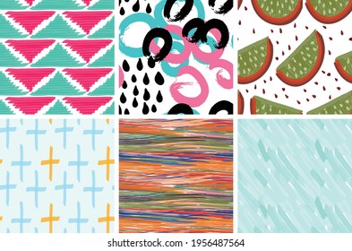 Seamless pattern set with rough brush strokes. Bright artistic paint texture. Marker and ink blobs background. Kids drawing childish style art. Abstract universal wallpaper or packaging design.