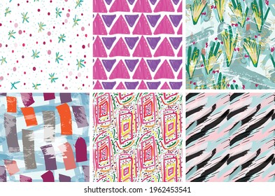 Seamless pattern set with rough brush strokes. Bright artistic paint texture. Marker and ink blobs background. Kids drawing childish style art. Abstract universal wallpaper or packaging design.