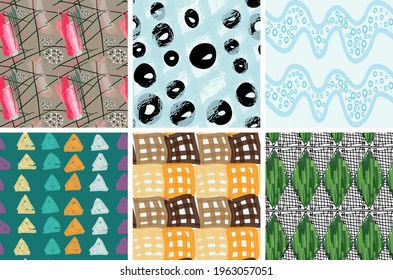 Seamless pattern set with rough brush strokes. Bright artistic paint texture. Marker and ink blobs background. Kids drawing childish style art. Abstract universal wallpaper or packaging design.