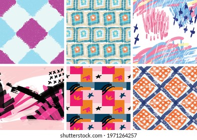 Seamless pattern set with rough brush strokes. Bright artistic paint texture. Marker and ink blobs background. Kids drawing childish style art. Abstract universal wallpaper or packaging design.