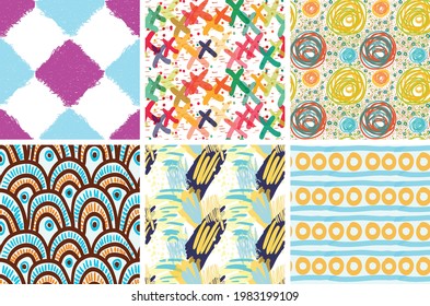 Seamless pattern set with rough brush strokes. Bright artistic paint texture. Marker and ink blobs background. Kids drawing childish style art. Abstract universal wallpaper or packaging design.