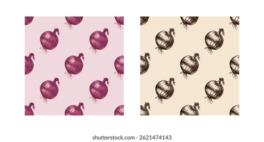 Seamless pattern set with rustic onion bulbs. Hand drawn in vintage style using brown ink. Great for farm product packaging, kitchen decor, menu design, and eco-friendly branding.