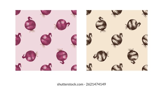 Seamless pattern set with rustic onion bulbs. Hand drawn in vintage style using brown ink. Great for farm product packaging, kitchen decor, menu design, and eco-friendly branding.