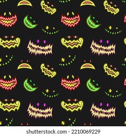 Seamless pattern. A set of scary neon grimaces for Halloween. Vector illustration