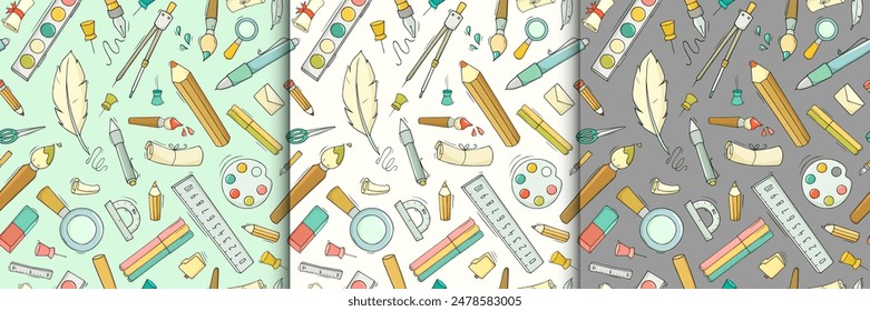 Seamless pattern set with school and office stationery. Education concept background with study supplies, pencils, pen, ruler, eraser, paints and brush, vector cartoon illustration