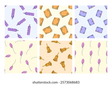 Seamless pattern set with school stationery, notebooks, bells, and balloons

