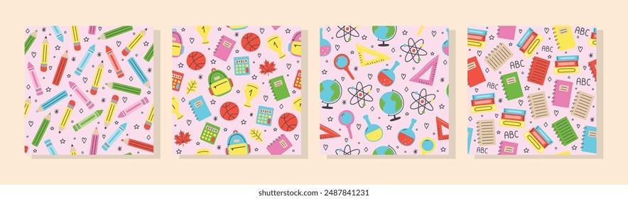 Seamless pattern set with school supply. Back to School background. Vector illustration