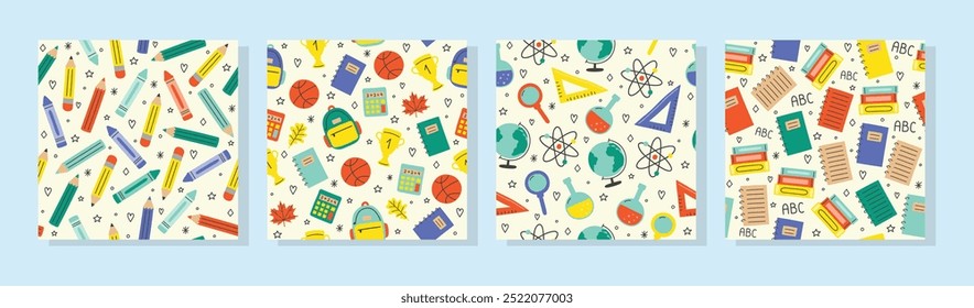 Seamless pattern set with school supply. Back to School background. Vector illustration