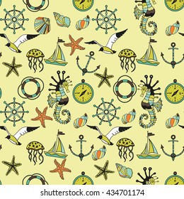 Seamless pattern. Set of sea and nautical icons. Sea theme. Vector illustration.