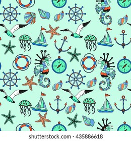 Seamless pattern. Set of sea and nautical icons. Sea theme. Vector illustration.