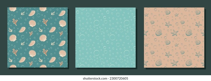 Seamless pattern set with shells. Vector illustration. Sea clums seamless pattern. Tropical underwater world.