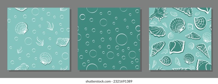 Seamless pattern set with shells. Vector illustration. Sea clums seamless pattern. Tropical underwater world.