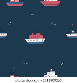 seamless pattern set with ship. Modern design for clothes, fabric, paper, cover, interior decor. Vector texture.