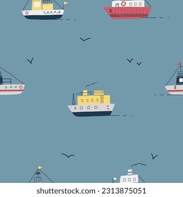 seamless pattern set with ship. Modern design for clothes, fabric, paper, cover, interior decor. Vector texture.