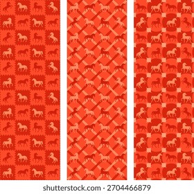 Seamless pattern set with silhouette equine motifs in red and orange squares, checks, and repeat layouts for 2026 Year of the Horse. Endless wallpapers, wrapping paper, textile with stallion print