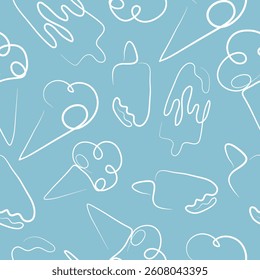 seamless pattern with a set of simple colored icons of various ice cream drawn with one contour in line art style on a blue background