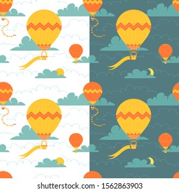 Seamless pattern set. Simple hot air balloons and clouds with dark and light backgrounds. Cute vintage vector print design for kids.