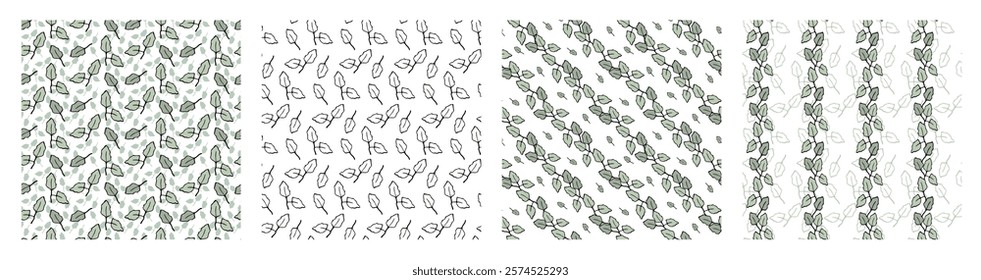 Seamless pattern set with small green leaves. Perfect for background, textile, or wrapping paper A delicate, repeating pattern featuring tiny green leaves. Ideal for creating a fresh aesthetic.