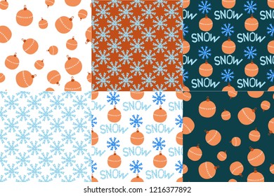 Seamless pattern set with snowflake and christmas tree ball in hand drawn style. Perfect for print, textile and fabric. Vector illustration