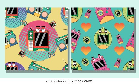 Seamless pattern set special 90s nostalgia, colorful and fun 90s electronic and toy character seamless pattern with halftone color effect with 1990 style design,90s seamless pattern background.