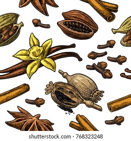 Seamless pattern set of spices. Anise star, cardamom, clove, cinnamon stick, fruits of cocoa beans, vanilla stick and flower, poppy heads and seeds. Vector color engraving isolated on white background