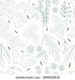 Seamless pattern with a set of spices and herbs. Vector Collection of hand drawn Spices and Herbs. Botanical plant illustration. Vintage Medicinal Herbs and plants. 