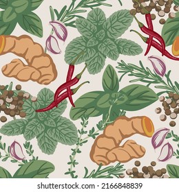 Seamless pattern Set of spices for poultry Basil, Ginger, Chili pepper, Garlic, Allspice, Rosemary, Mint, Turmeric, Thyme. Top view. Flat style