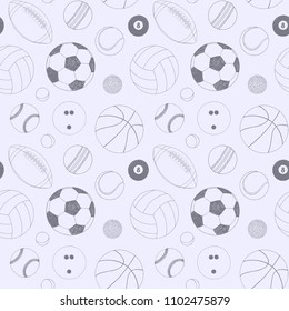 Seamless pattern with set of sport balls. Hand drawn vector sketch. Gray sport items for background. Pattern included