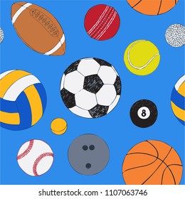 Seamless pattern with set of sport balls. Hand drawn colored vector sketch. Blue background. Pattern included