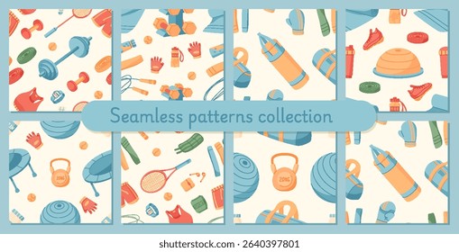 Seamless pattern set of sport equipment in flat style. Fitness and gym accessories create a colorful background. Exercise and workout theme with trendy decorative layout, ideal for health decor,