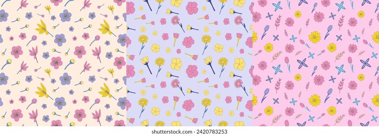 A seamless pattern set of spring elements such as orange flower, daisy, crocus, apple blossom, Frangipani, tulip, and others in a hand-drawn minimal floral concept, Vector