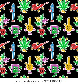 Seamless pattern with Set of stickers Cartoon mascot character. Medical cannabis, weed,Bong, glass jar,Plastic bag,Cannabis Cigarette, marijuana character concept	