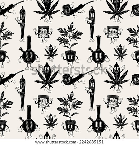 Seamless pattern with Set of stickers Cartoon mascot character. Medical cannabis, weed,Bong, glass jar,Plastic bag,Cannabis Cigarette, marijuana character concept	