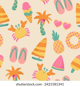 seamless pattern with set summer hand drawn ice cream, lifebuoy, sandals, sunglasses, crab, pineapple, coconut, ship, watermelon vector illustration design for Textiles, printed materials, fabric