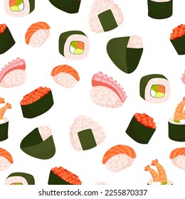 Seamless pattern Set for sushi. Different types of sushi and rolls. Traditional Japanese roll, with tobiko caviar, original with Philadelphia cheese and soy sauce, salmon and king prawns. Vector