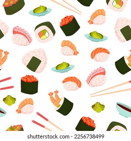 Seamless pattern Set for sushi. Different types of sushi and rolls. Traditional Japanese roll, with tobiko caviar, original with Philadelphia cheese and soy sauce, salmon and king prawns. Vector