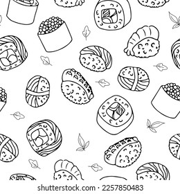 Seamless pattern Set for sushi. Different types of sushi and rolls. Traditional Japanese roll, with tobiko caviar, original with Philadelphia cheese and soy sauce, salmon and king prawns. Vector