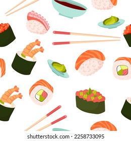 Seamless pattern Set for sushi. Different types of sushi and rolls. Traditional Japanese roll, with tobiko caviar, original with Philadelphia cheese and soy sauce, salmon and king prawns. Vector