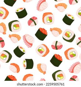 Seamless pattern Set for sushi. Different types of sushi and rolls. Traditional Japanese roll, with tobiko caviar, original with Philadelphia cheese and soy sauce, salmon and king prawns.