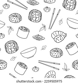 Seamless pattern Set for sushi. Different types of sushi and rolls. Traditional Japanese roll, with tobiko caviar, original with Philadelphia cheese and soy sauce, salmon and king prawns.