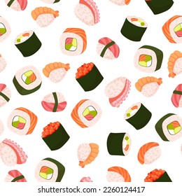 Seamless pattern Set for sushi. Different types of sushi and rolls. Traditional Japanese roll, with tobiko caviar, original with Philadelphia cheese and soy sauce, salmon and king prawns.