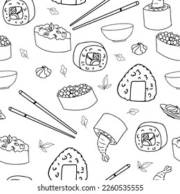 Seamless pattern Set for sushi. Different types of sushi and rolls. Traditional Japanese roll, with tobiko caviar, original with Philadelphia cheese and soy sauce, salmon and king prawns. Vector
