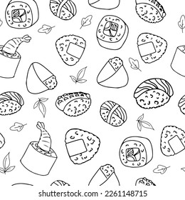 Seamless pattern Set for sushi. Different types of sushi and rolls. Traditional Japanese roll, with tobiko caviar, original with Philadelphia cheese and soy sauce, salmon and king prawns. Vector