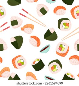 Seamless pattern Set for sushi. Different types of sushi and rolls. Traditional Japanese roll, with tobiko caviar, original with Philadelphia cheese and soy sauce, salmon and king prawns. Vector