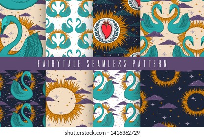 Seamless pattern set with a swan and night sky. Beautiful elegant magic abstract picture. For printing on textiles, wallpaper and other decor. Fabulous ornament.Vector illustration.
